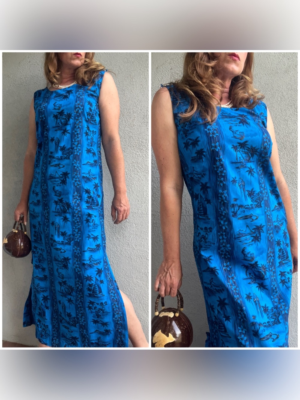 Vintage 1960s Fashions of Hawaii Blue Scenic Tropical Print Shift Dress Sz M